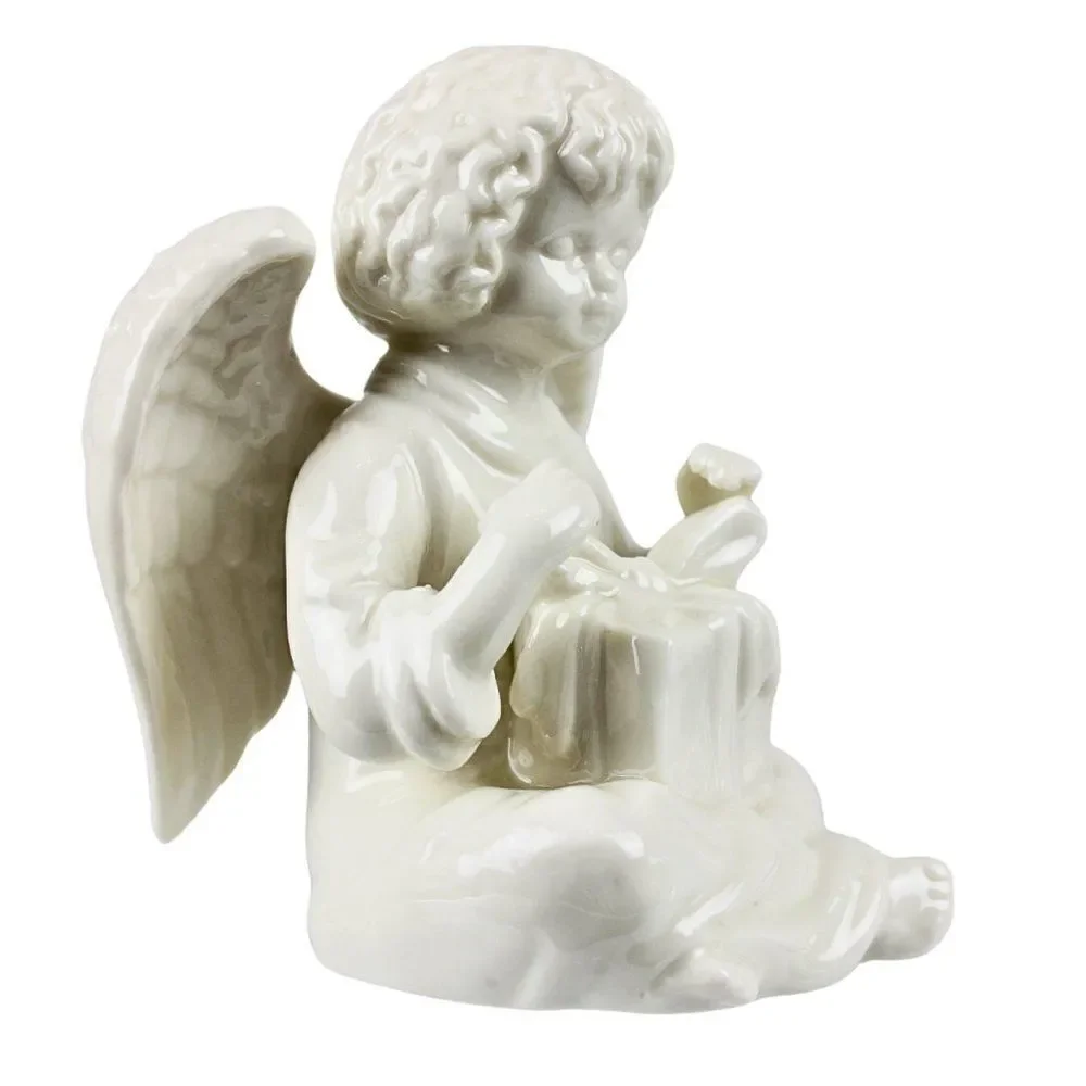 Ceramic Porcelain White Sitting Angel Holding Gift Box w/ Box Kitsch Cottagecore